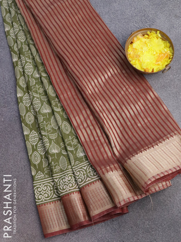 Banarasi cotton saree sap green and maroon with allover prints and zari woven border