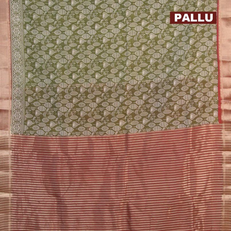 Banarasi cotton saree sap green and maroon with allover prints and zari woven border