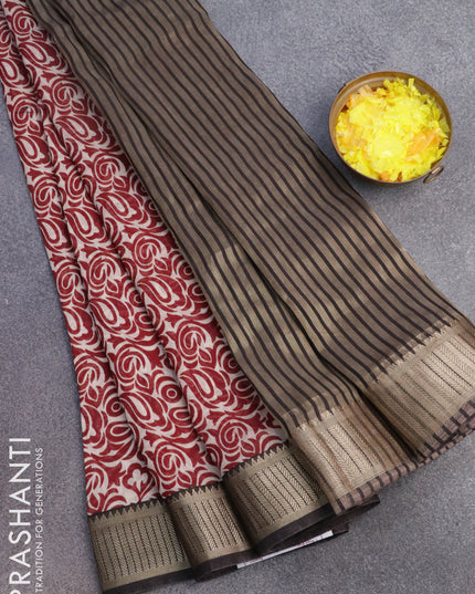Banarasi cotton saree beige maroon and black with allover prints and zari woven border
