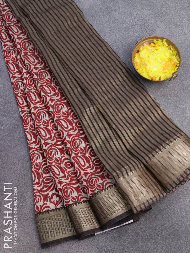 Banarasi cotton saree beige maroon and black with allover prints and zari woven border