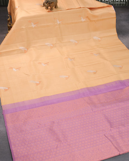 Pure kanjivaram silk saree sandal and mild purple with silver & copper zari woven buttas in borderless style