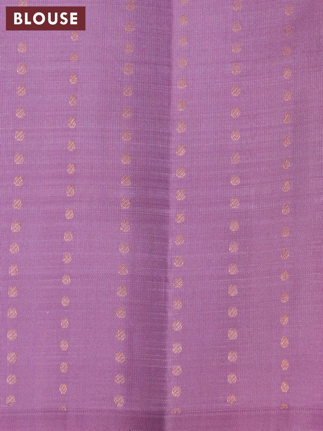 Pure kanjivaram silk saree sandal and mild purple with silver & copper zari woven buttas in borderless style