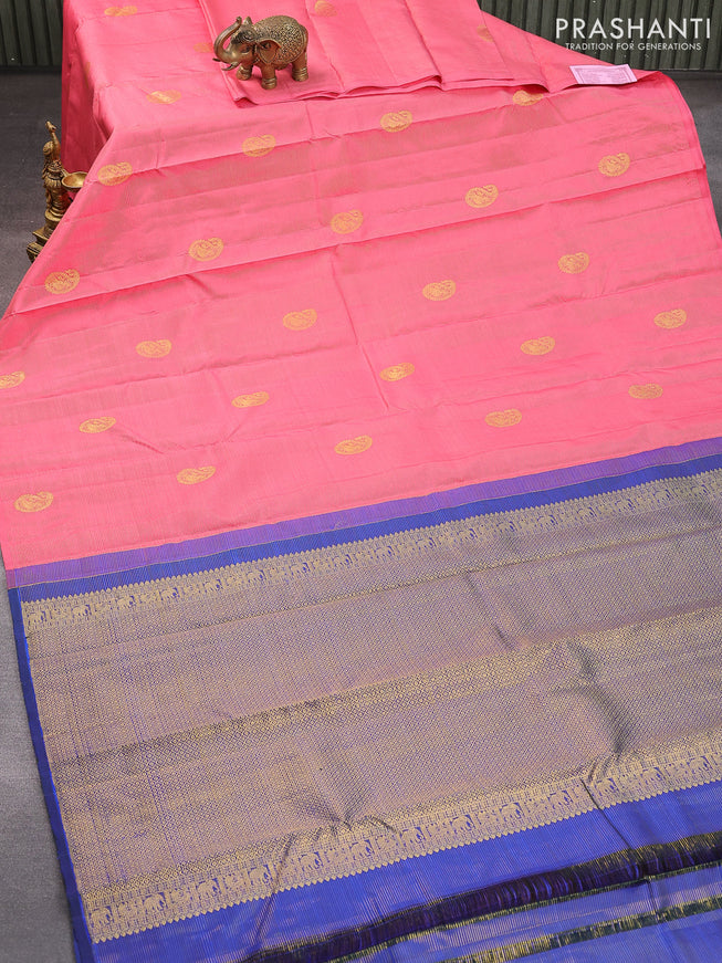 Pure kanjivaram silk saree pink and blue with allover zari weaves & paisley zari buttas in borderless style