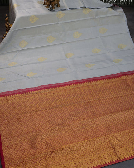 Pure kanjivaram silk saree grey and maroon with allover zari weaves & zari buttas in borderless style
