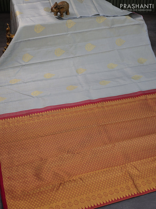 Pure kanjivaram silk saree grey and maroon with allover zari weaves & zari buttas in borderless style