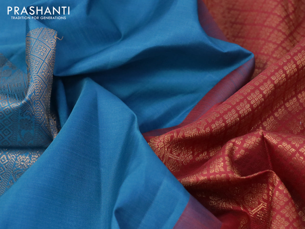 Pure kanjivaram silk saree cs blue and maroon with zari woven box type buttas in borderless style