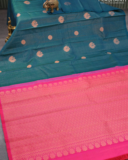 Pure kanjivaram silk saree dual shade of teal bluish green and pink with allover small zari checks & buttas in borderless style