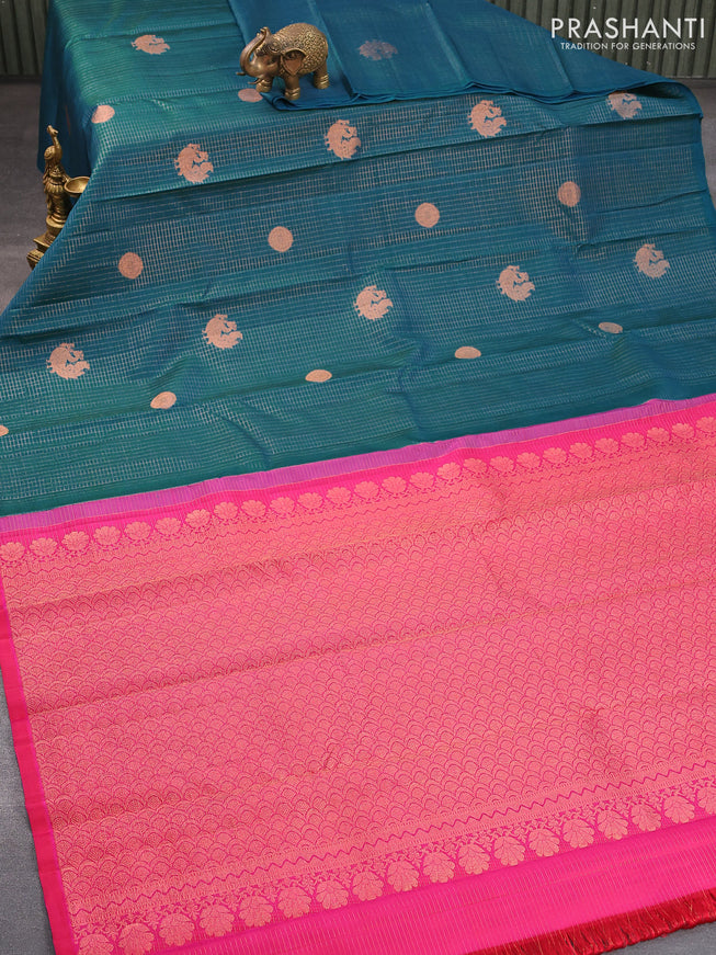 Pure kanjivaram silk saree dual shade of teal bluish green and pink with allover small zari checks & buttas in borderless style