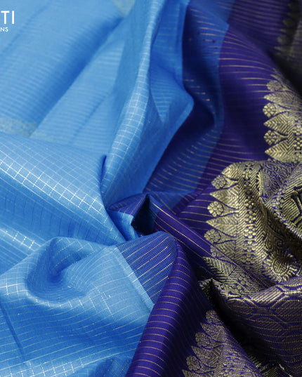 Pure kanjivaram silk saree light blue and blue with allover small zari checks & buttas in borderless style