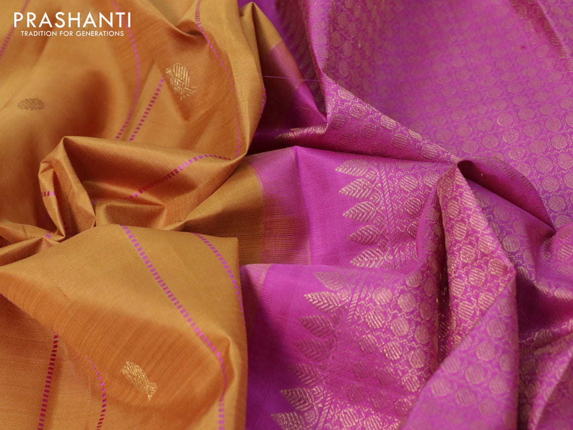 Pure kanjivaram silk saree dark mustard and purple with allover thread weaves & zari buttas in borderless style