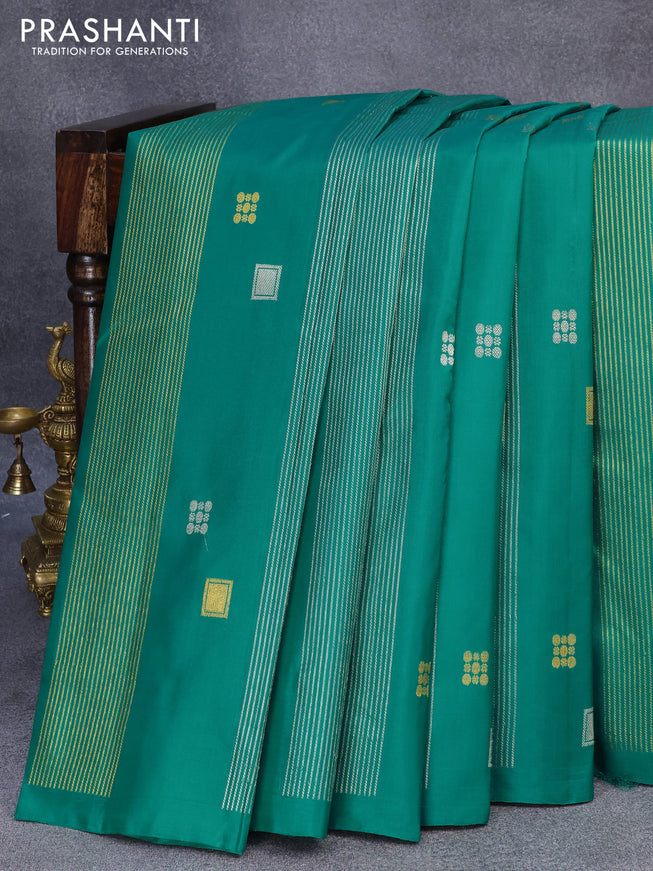 Pure kanjivaram silk saree teal green and peach orange with allover silver & gold zari weaves in borderless style