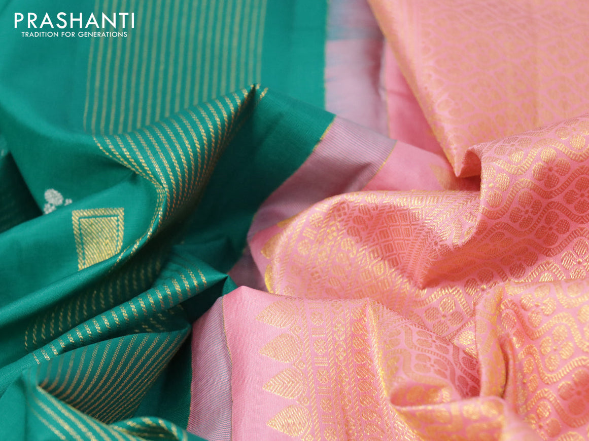 Pure kanjivaram silk saree teal green and peach orange with allover silver & gold zari weaves in borderless style