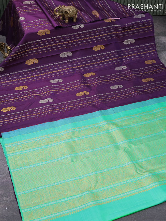 Pure kanjivaram silk saree deep violet and light green with allover silver & gold zari weave buttas in borderless style