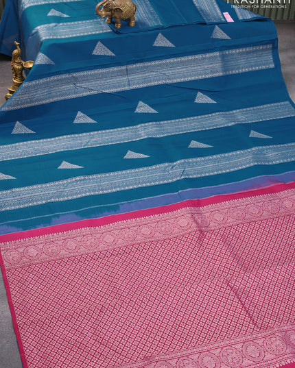 Pure kanjivaram silk saree cs blue and pink with allover silver zari weaves in borderless style