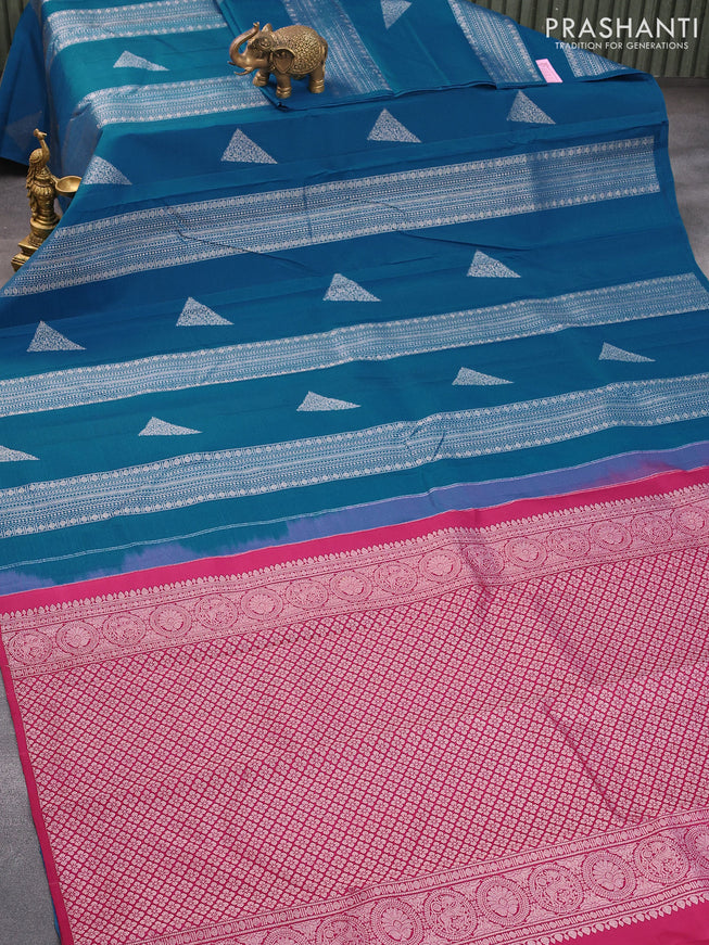 Pure kanjivaram silk saree cs blue and pink with allover silver zari weaves in borderless style