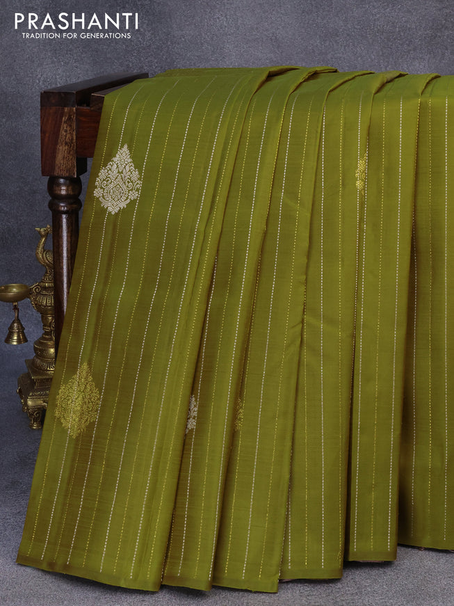 Pure kanjivaram silk saree mehendi green and brown shade with allover silver & gold zari weave buttas in borderless style