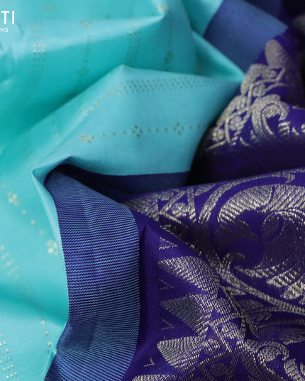 Pure kanjivaram silk saree light blue and blue with allover silver zari weaves in borderless style