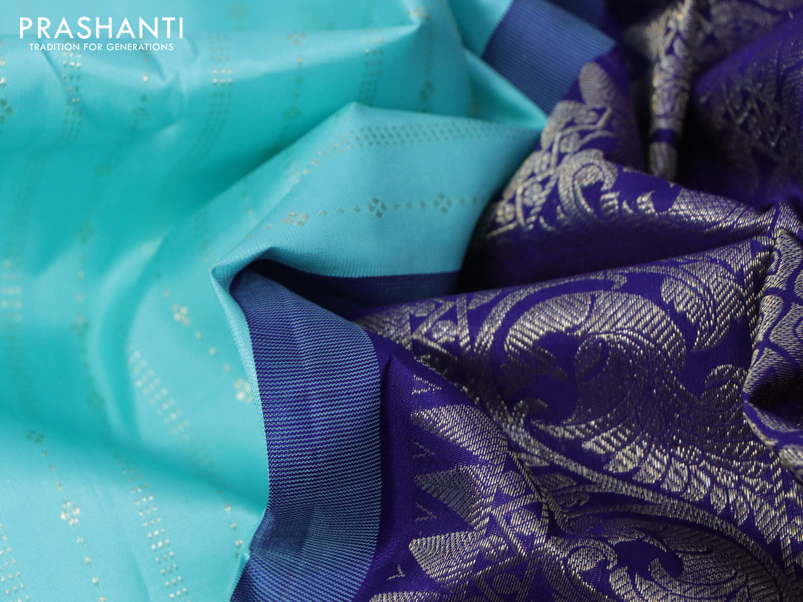 Pure kanjivaram silk saree light blue and blue with allover silver zari weaves in borderless style