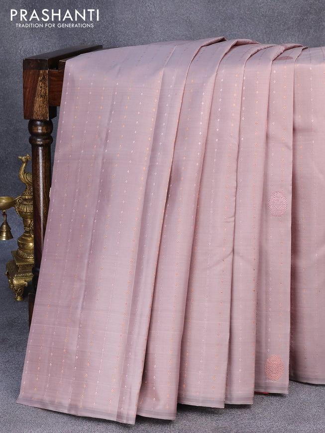 Pure kanjivaram silk saree grey and pink with allover zari weaves in borderless style