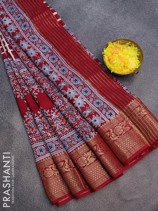 Dola silk saree maroon with allover ajrakh prints and zari woven floral border - {{ collection.title }} by Prashanti Sarees