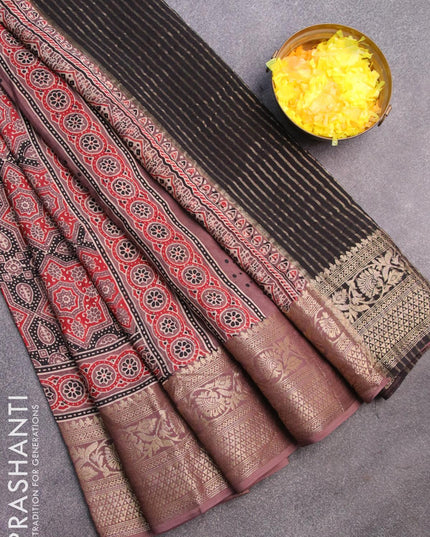 Dola silk saree rosy brown with allover ajrakh prints and zari woven floral border - {{ collection.title }} by Prashanti Sarees