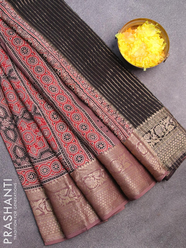 Dola silk saree rosy brown with allover ajrakh prints and zari woven floral border - {{ collection.title }} by Prashanti Sarees