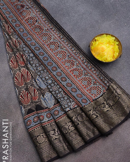 Dola silk saree blue and black with allover ajrakh prints and zari woven floral border - {{ collection.title }} by Prashanti Sarees