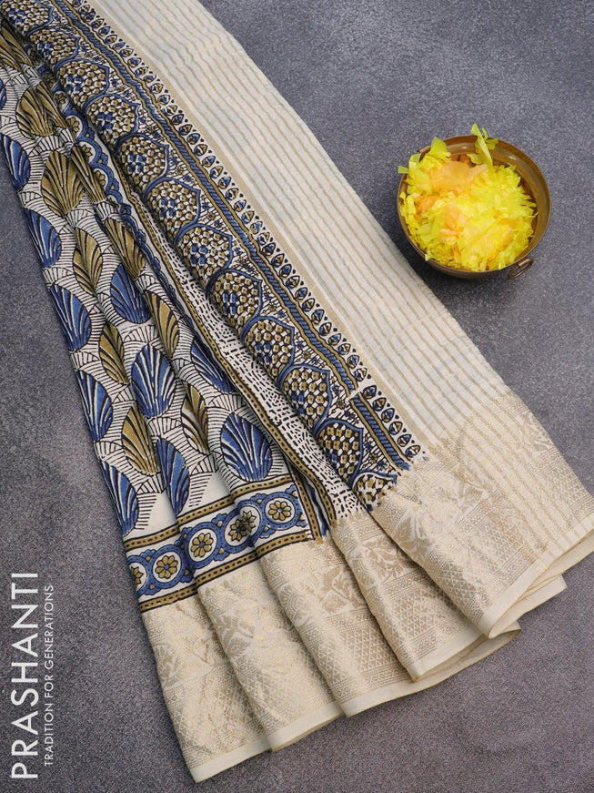 Dola silk saree blue and cream with allover ajrakh prints and zari woven floral border - {{ collection.title }} by Prashanti Sarees