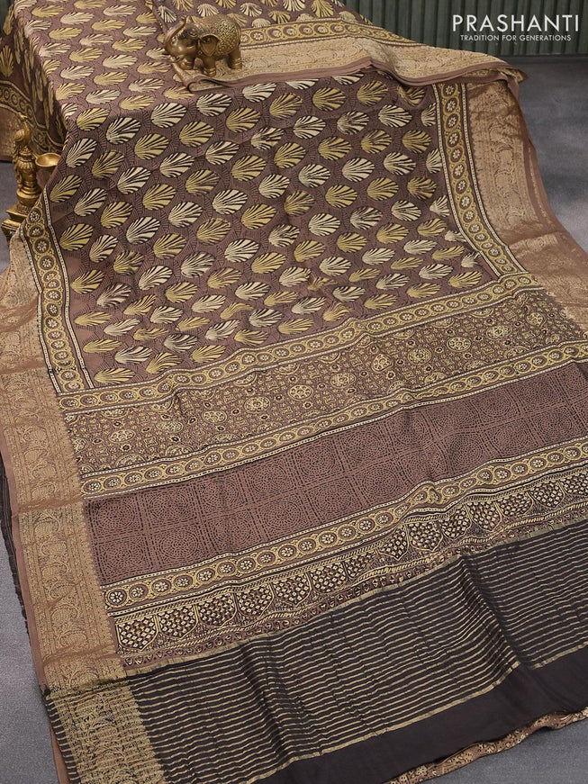 Dola silk saree brown with allover ajrakh prints and zari woven floral border - {{ collection.title }} by Prashanti Sarees