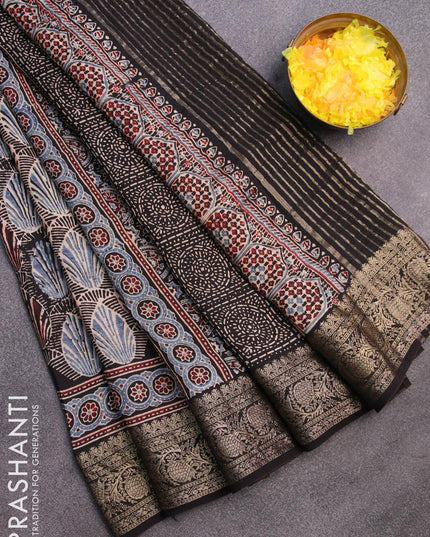 Dola silk saree black with allover ajrakh prints and zari woven floral border - {{ collection.title }} by Prashanti Sarees