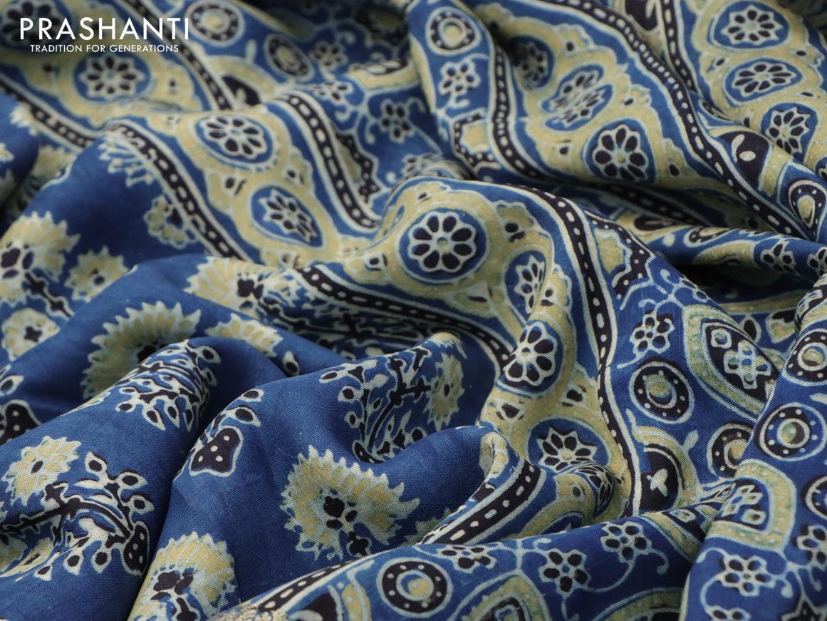 Dola silk saree blue with allover ajrakh prints and zari woven floral border - {{ collection.title }} by Prashanti Sarees