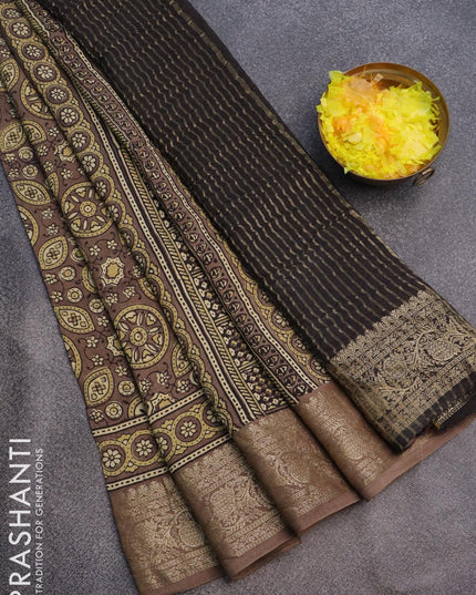 Dola silk saree brown shade with allover ajrakh prints and zari woven floral border - {{ collection.title }} by Prashanti Sarees