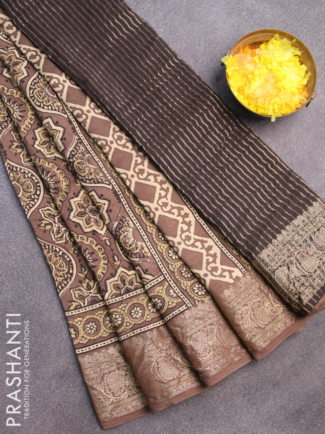 Dola silk saree brown shade with allover ajrakh prints and zari woven floral border - {{ collection.title }} by Prashanti Sarees