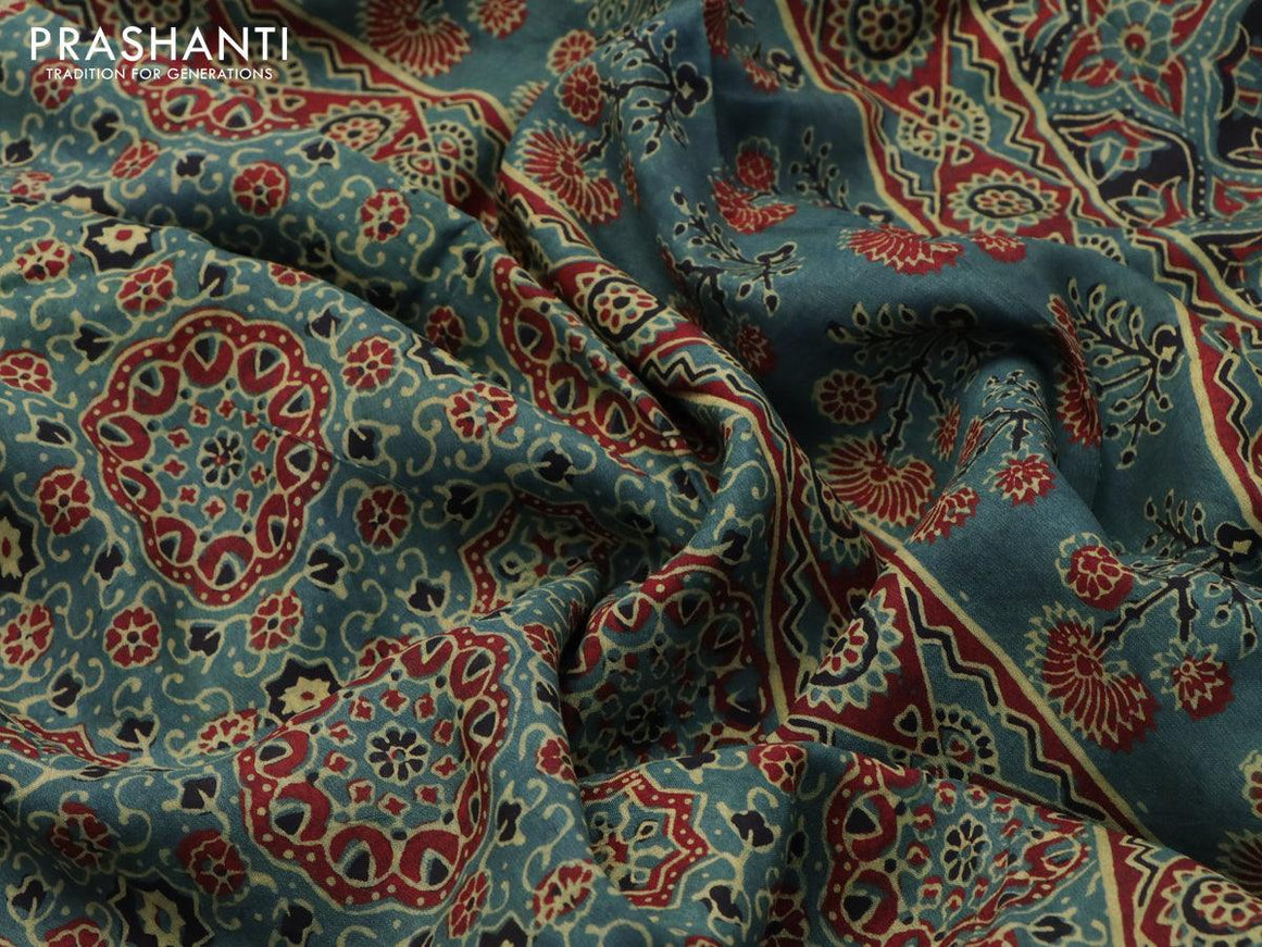 Dola silk saree green shade with allover ajrakh prints and zari woven floral border - {{ collection.title }} by Prashanti Sarees
