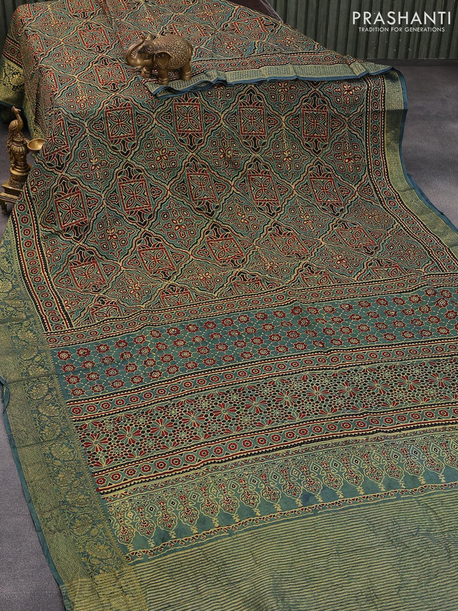 Dola silk saree green with allover ajrakh prints and zari woven floral border - {{ collection.title }} by Prashanti Sarees