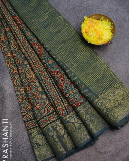 Dola silk saree green with allover ajrakh prints and zari woven floral border - {{ collection.title }} by Prashanti Sarees