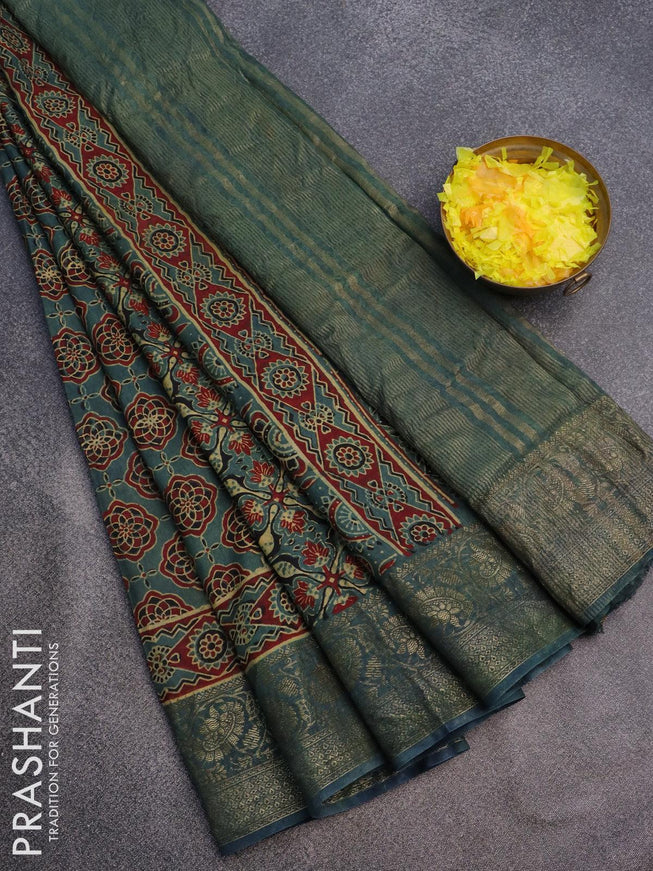 Dola silk saree green shade with allover ajrakh prints and zari woven floral border - {{ collection.title }} by Prashanti Sarees