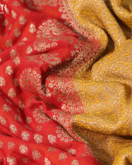 Pure banarasi georgette saree red and mustard yellow with allover thread & zari woven butta weaves and woven border