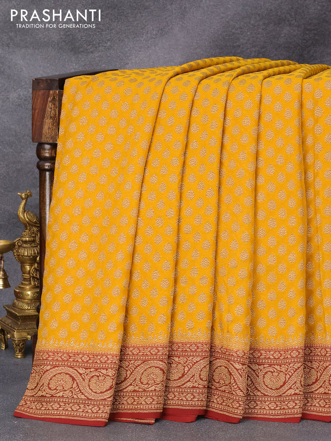 Pure banarasi georgette saree mustard yellow and maroon with allover thread & zari woven butta weaves and woven border