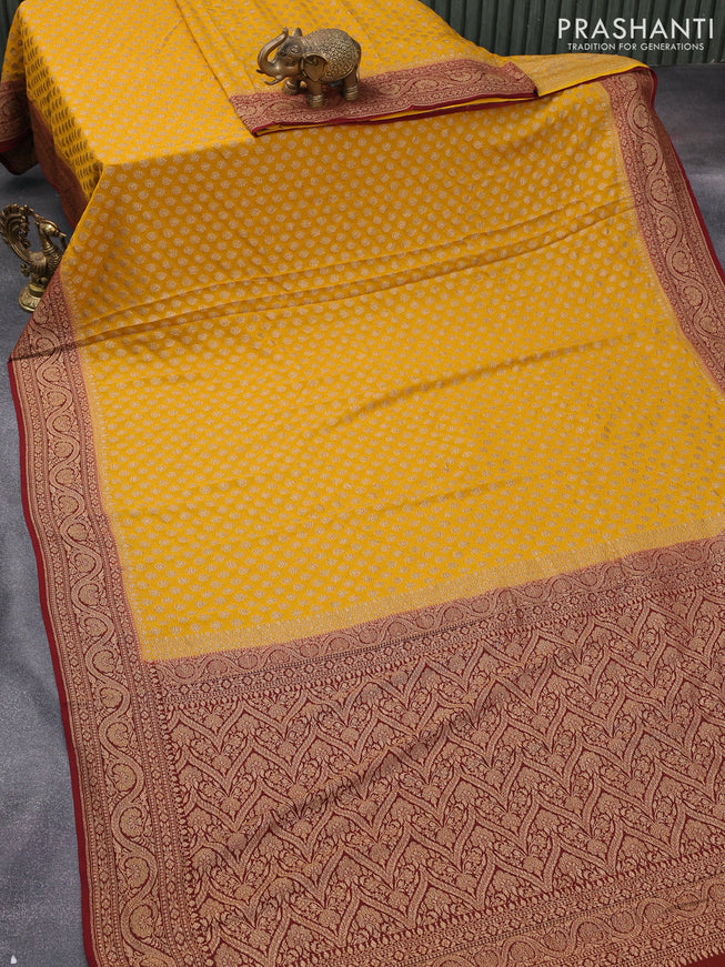 Pure banarasi georgette saree mustard yellow and maroon with allover thread & zari woven butta weaves and woven border
