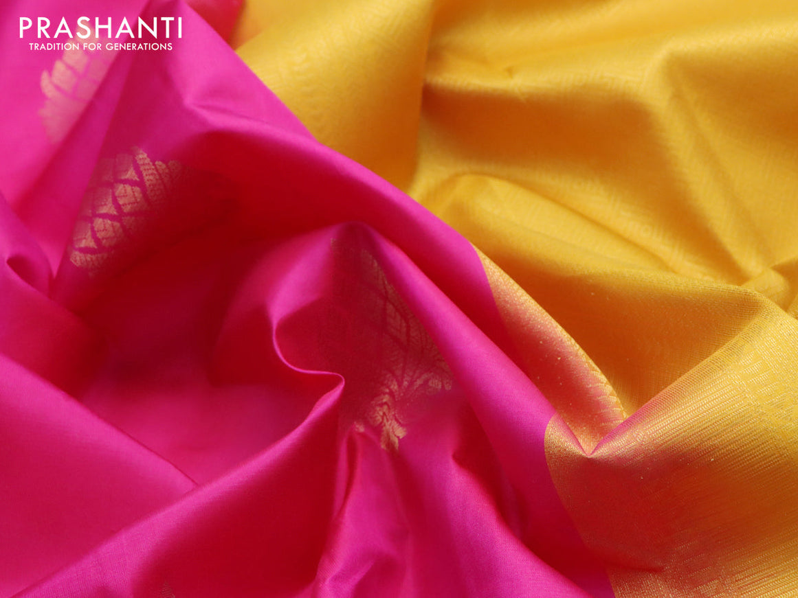 Pure kanjivaram silk saree pink and mustard yellow with zari woven buttas in borderless style