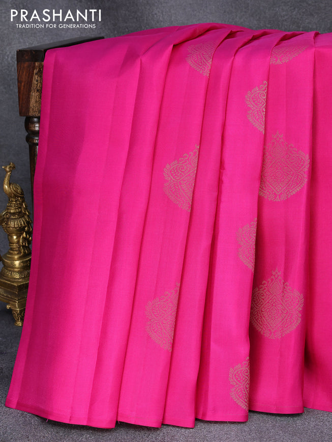 Pure kanjivaram silk saree pink and green with zari woven buttas in borderless style