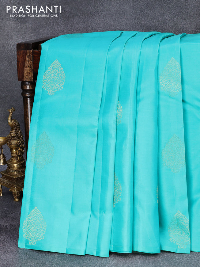 Pure kanjivaram silk saree teal blue and dark green with zari woven buttas in borderless style