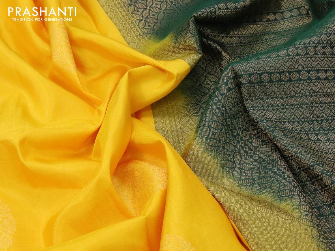 Pure kanjivaram silk saree yellow and dark green with zari woven buttas in borderless style