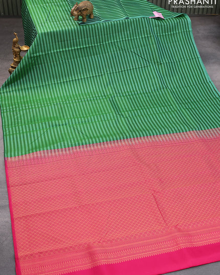 Pure kanjivaram silk saree green with allover stripes & thread weaves in borderless style