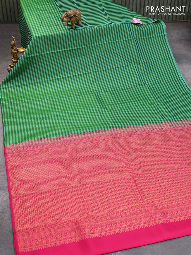 Pure kanjivaram silk saree green with allover stripes & thread weaves in borderless style