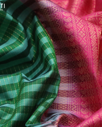 Pure kanjivaram silk saree green and pink with allover stripes & zari weaves in borderless style