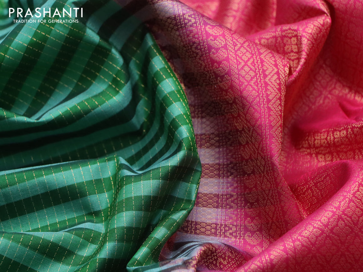 Pure kanjivaram silk saree green and pink with allover stripes & zari weaves in borderless style