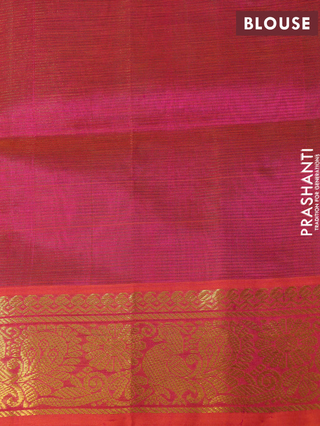Silk cotton saree dual shade of pinkish green and orange with allover vairaosi pattern & paisley zari woven buttas and annam zari woven border - {{ collection.title }} by Prashanti Sarees
