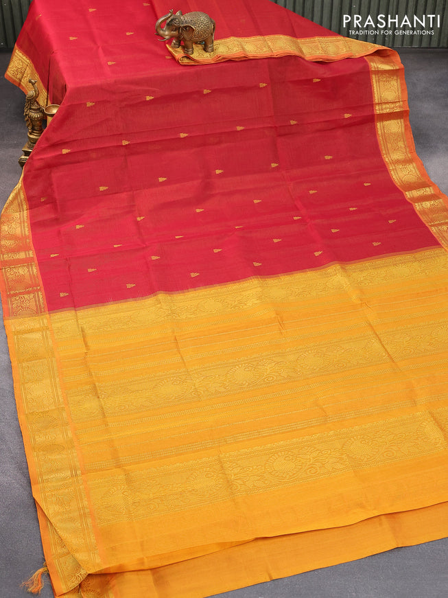 Silk cotton saree maroon and mustard yellow with allover vairaosi pattern & temple zari woven buttas and paisley zari woven border - {{ collection.title }} by Prashanti Sarees